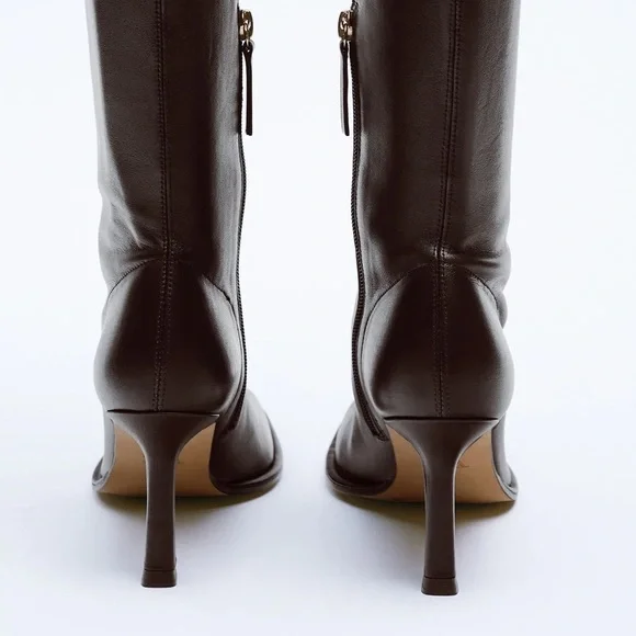 NWT. Zara Brown Long Leather High-Heel Ankle Boots. Size 9. - Picture 6 of 9
